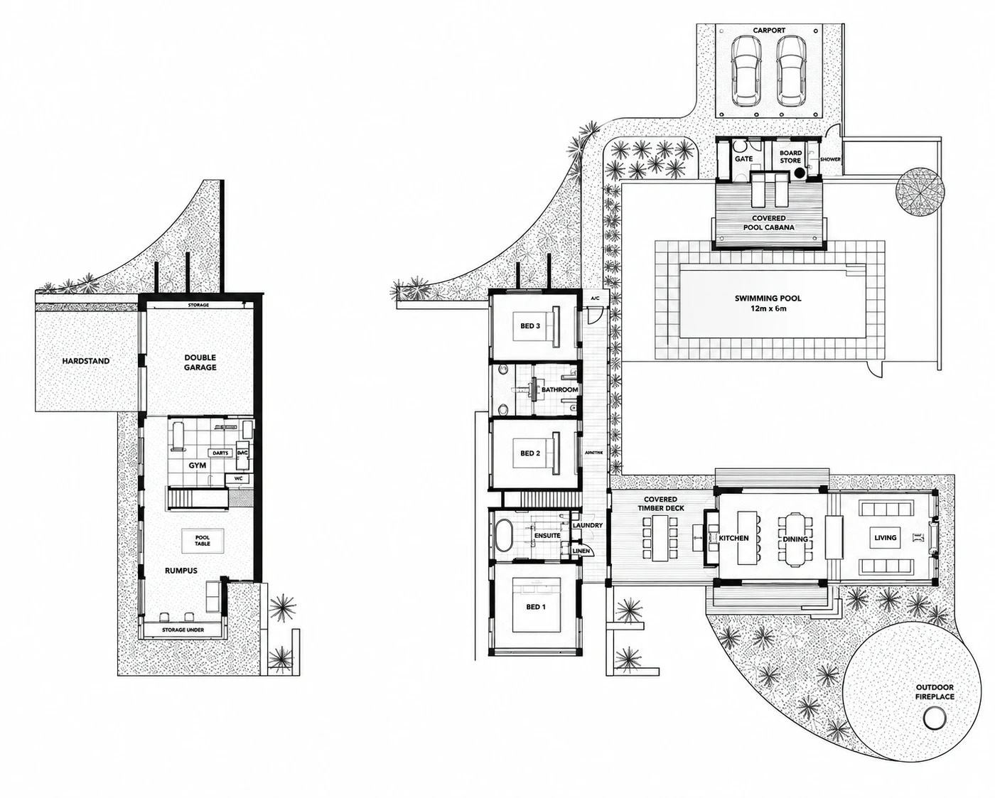 Floor plan. Lower floor: hardstand, double garage, gym with WC, and rumpus with pool table. Upper floor: carport, cabana with gate and board store, swimming pool, three bedrooms along the breezeway with bathroom, ensuite and laundry, covered timber deck, kitchen, dining and living, and the outdoor fireplace.