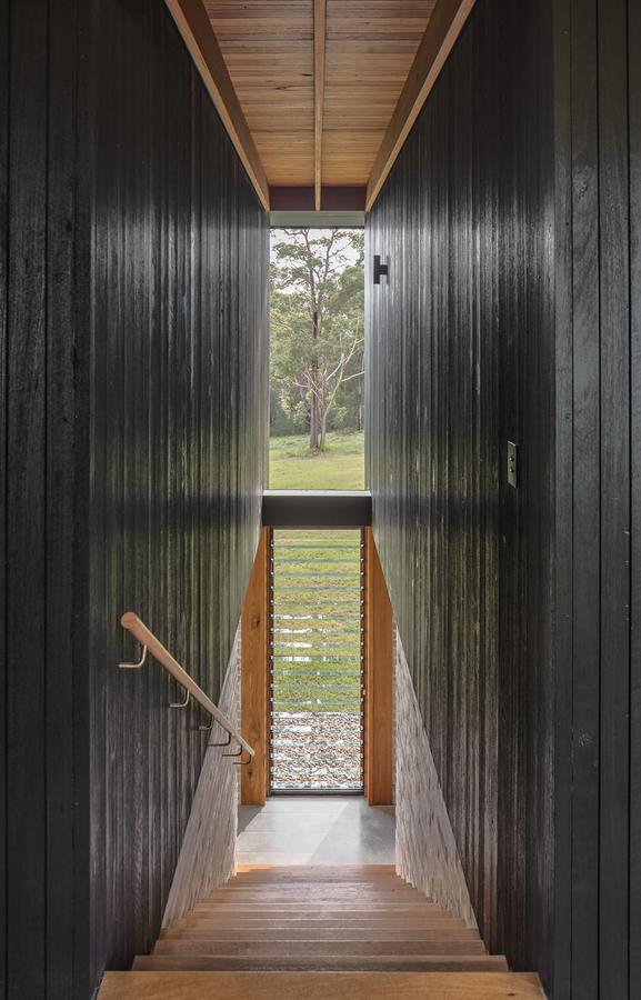 Timber stair in a charcoal stairwell