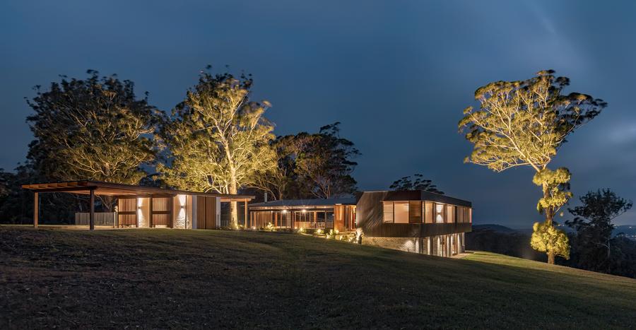 Lit gums and pavilions at night