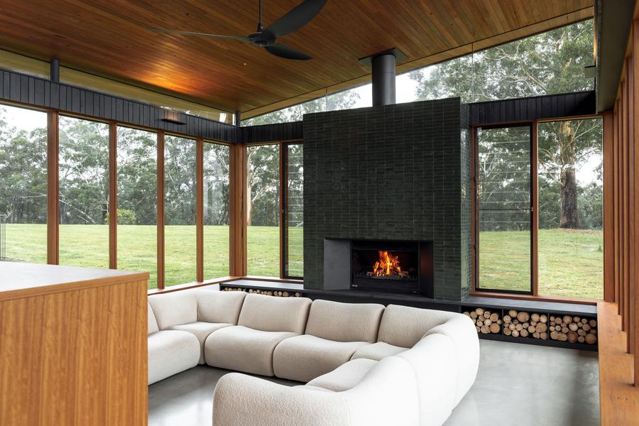 The lounge with the fire lit